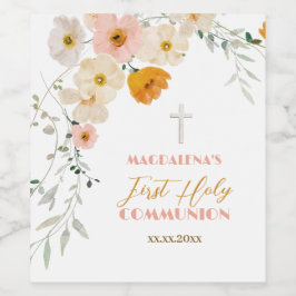 Pastelbloemen en groene Eerste Heilige Communie Wijn Etiket