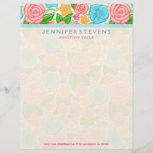 Pastelbloemen en -Rozen in roze blauw en beige Persoonlijk Briefhoofd (Voorkant)
