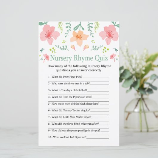 Pastelbloemen Nursery Rhyme Quiz baby shower game (Staand voorkant)