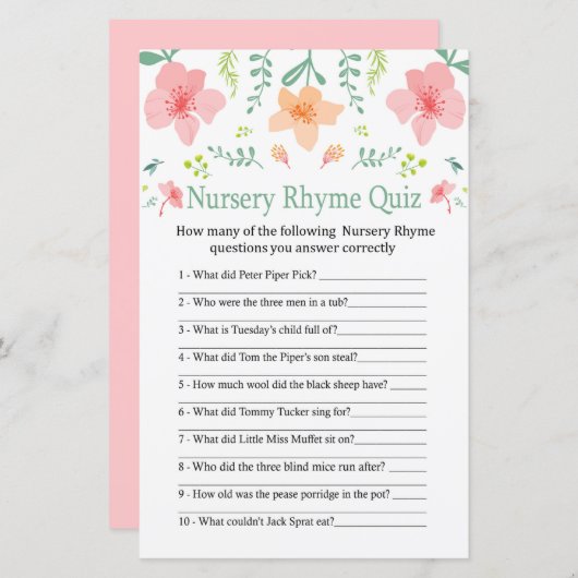 Pastelbloemen Nursery Rhyme Quiz baby shower game (Voorkant / Achterkant)
