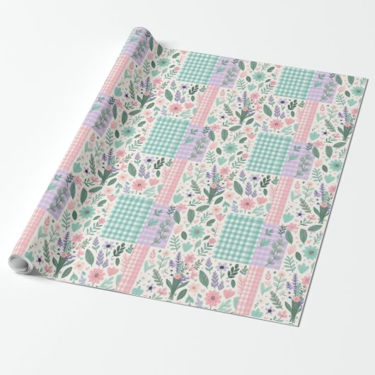 Pastelbloemen Patchwork inpakpapier (Uitgerold)