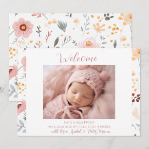 pastelbloemen welkom baby meisje geboorte aankondiging