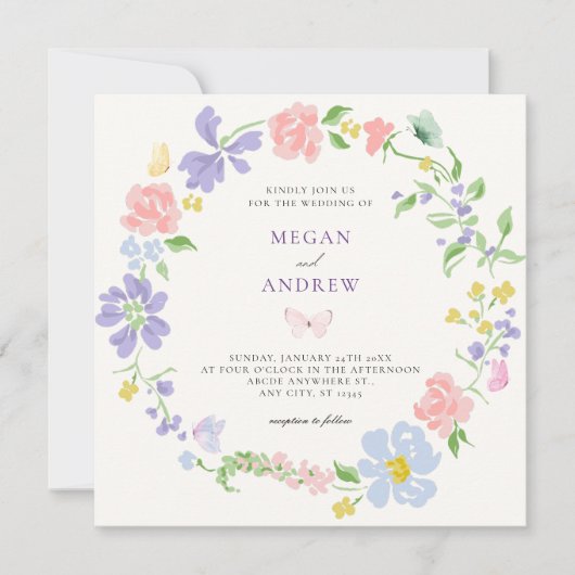 Pastelbloemkrans met vlinders bruiloft kaart (Voorkant)