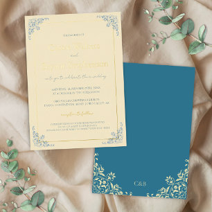 Pastelboter Geel Dusty Blue Minimal Wedding Folie Uitnodiging