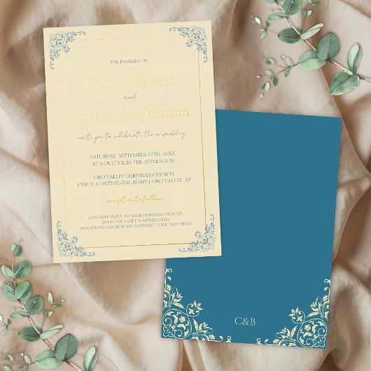 Pastelboter Geel Dusty Blue Minimal Wedding Folie Uitnodiging