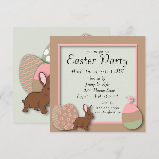 Pasteleieren, konijn en kuiken paasuitnodiging kaart (Voorkant / Achterkant)