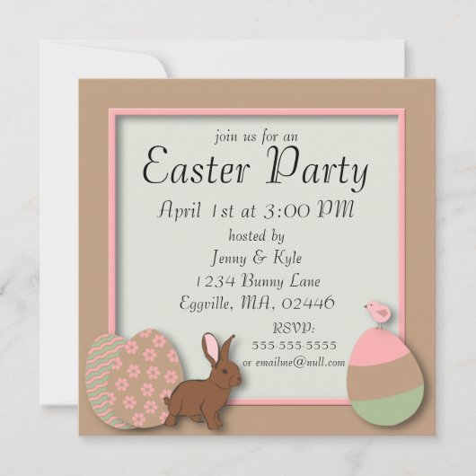 Pasteleieren, konijn en kuiken paasuitnodiging kaart (Voorkant)
