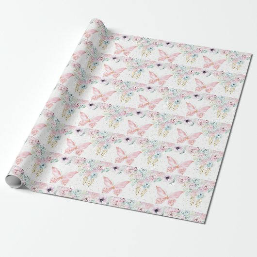 Pastelflorale en -vlinder cadeaupapier (Uitgerold)