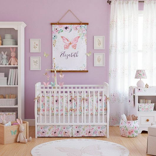 Pastelflorale en vlinderbloemige baby hangend wandkleed