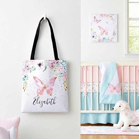 Pastelflorale en vlinderbloemige baby tote bag