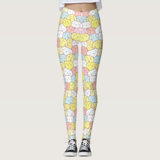 PASTELGEEL BLAUW ROZE SCHATTIGE GEÏLLUSTREERDE KAT LEGGINGS (Voorkant)