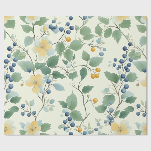 Pastelgeel en groen botanisch wijnpatroon cadeaupapier (Vlak)