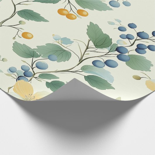 Pastelgeel en groen botanisch wijnpatroon cadeaupapier (Hoek)