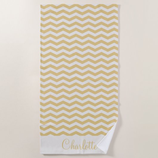 Pastelgele naam zig zag streep geometrisch strandlaken (Voorkant)