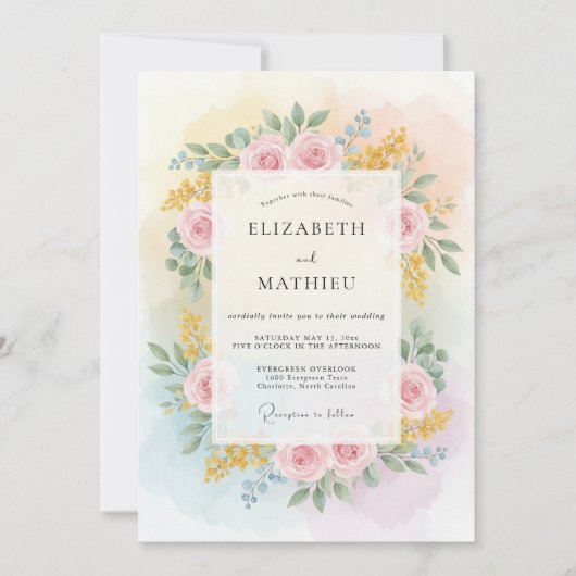 Pastelgele ranunculus-eucalyptus bruiloft kaart (Voorkant)