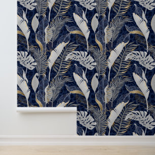 Pastelgrijs & Goud Tropische Palmbladeren Donkerbl Behang