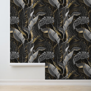 Pastelgrijs & Goud Tropische Palmbladeren Zwart Behang