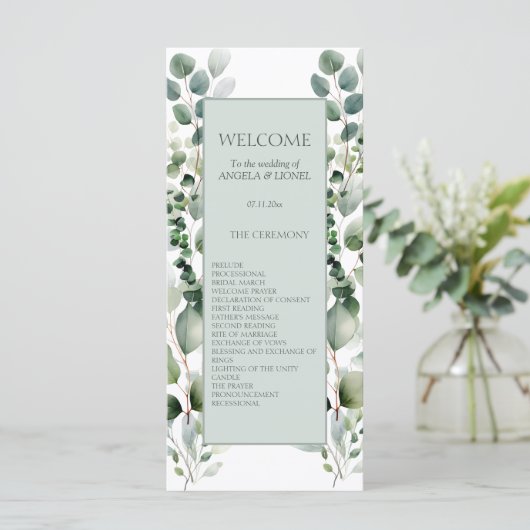 Pastelgroen Eucalyptus gebladerte huwelijksprogram (Staand voorkant)
