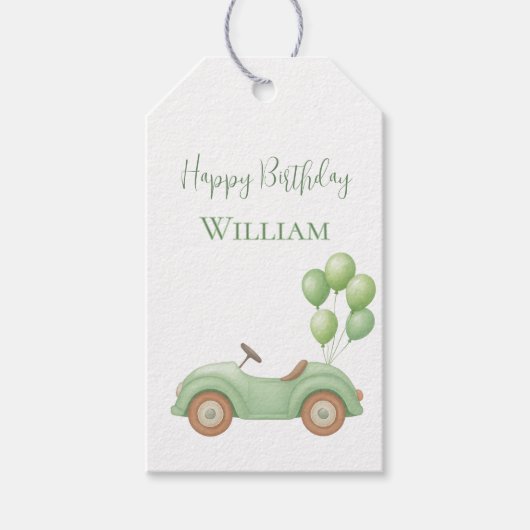 Pastelgroene auto & ballon cadeaubijsluiter cadeaulabel (Voorkant)
