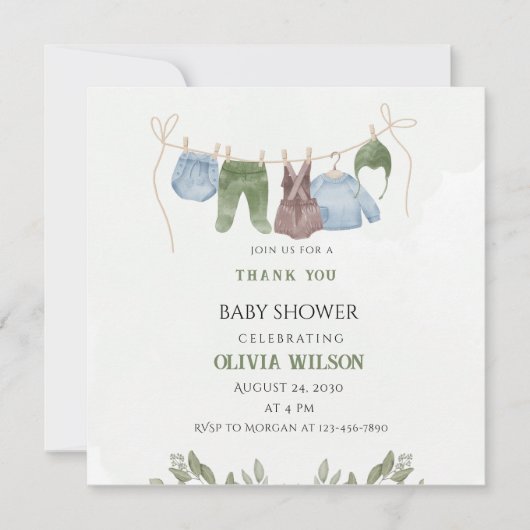 Pastelgroene beige baby shower bedankkaart (Voorkant)