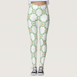 Pastelgroene en oranje bloem- en bladpatroonleggin leggings