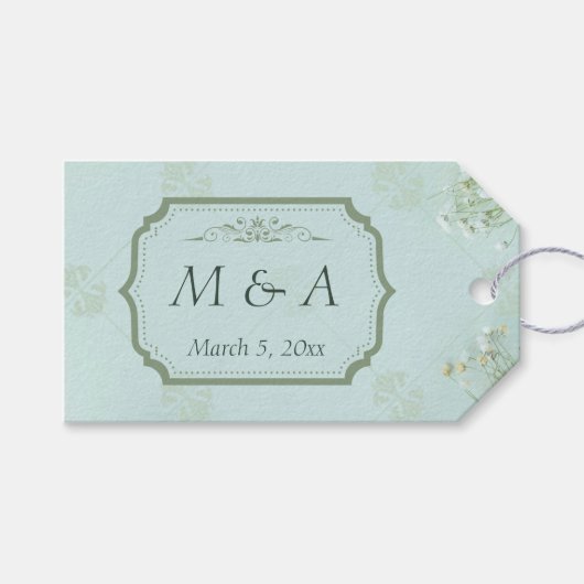 Pastelgroene witte bloemen bruiloft cadeaulabel (Voorkant (Horizontaal))