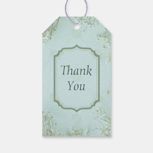 Pastelgroene witte bloemen bruiloft cadeaulabel (Achterkant)