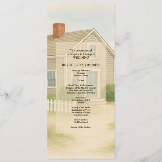 Pastelivoor Blue Cape Coastal bruiloft diner Programmakaart (Achterkant)