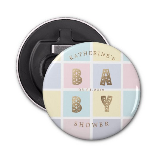 pastelkleurblok gouden baby shower button flesopener (Voorkant)