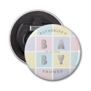 pastelkleurblok zilveren baby shower button flesopener