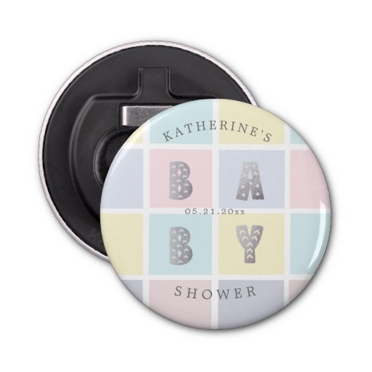 pastelkleurblok zilveren baby shower button flesopener (Voorkant)
