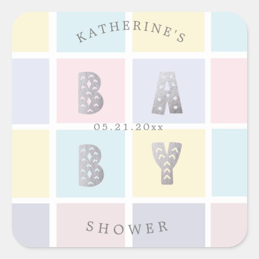 pastelkleurblok zilveren baby shower vierkante sticker (Voorkant)