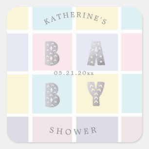 pastelkleurblok zilveren baby shower vierkante sticker