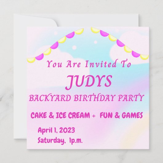 Pastelkleuren Achtertuin Verjaardagsfeest Uitnodig Kaart (Voorkant)