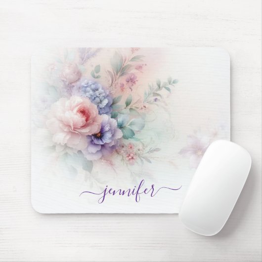 Pastelkleuren Aquarel Bloem Typography Naam Muismat (Met muis)