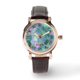 Pastelkleuren glas-in-lood mozaïekpatroon horloge