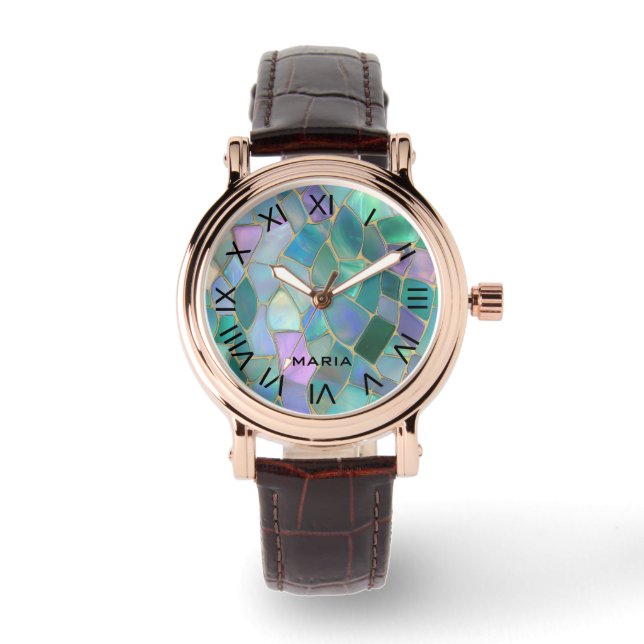 Pastelkleuren glas-in-lood mozaïekpatroon horloge (Voorkant)