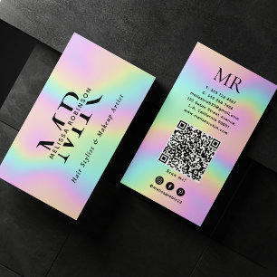 Pastelkleurig holografisch monogram en QR-code Visitekaartje