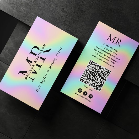 Pastelkleurig holografisch monogram en QR-code Visitekaartje