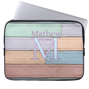 pastelkleurig hout rustieke initiaal opgericht jaa laptop sleeve