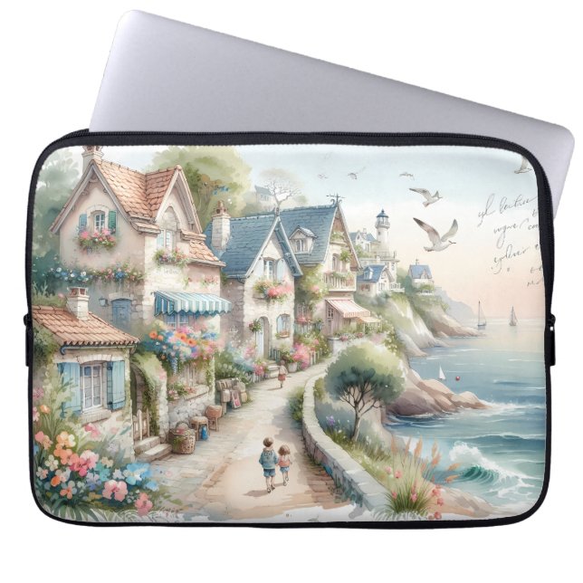 Pastelkleurig Kustdorp Ontsnapping Laptop Sleeve (Voorkant)