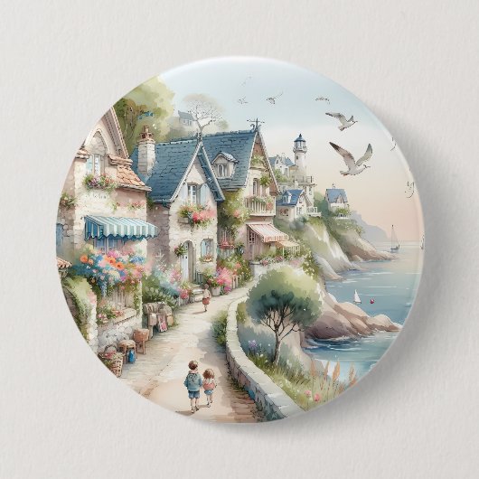 Pastelkleurig Kustdorp Ontsnapping Ronde Button 7,6 Cm (Voorkant)