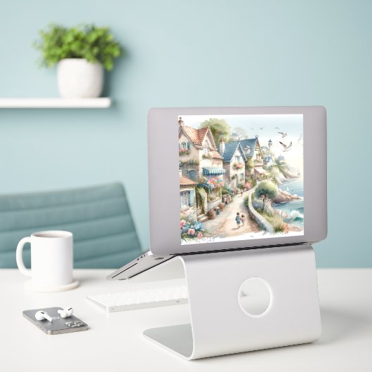 Pastelkleurig Kustdorp Ontsnapping Sticker (Laptop op bureau)
