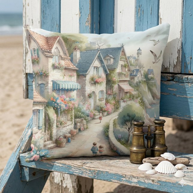 Pastelkleurig kustdorpje als ontsnapping kussen (Pastel Coastal Cottage Village Escape Throw Pillow Mockup A)