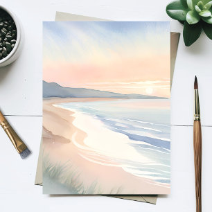 Pastelkleurig strand zonsondergang kust aquarel briefkaart