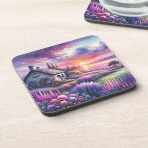 Pastelkleurig Zonsondergang Cottage Meerzijde Tuin Bier Onderzetter