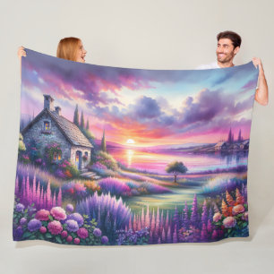Pastelkleurig Zonsondergang Cottage Meerzijde Tuin Fleece Deken