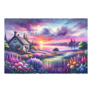 Pastelkleurig Zonsondergang Cottage Meerzijde Tuin Foto Afdruk