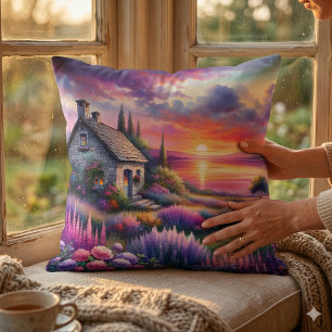 Pastelkleurig Zonsondergang Cottage Meerzijde Tuin Kussen