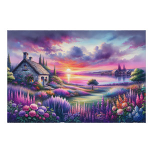 Pastelkleurig Zonsondergang Cottage Meerzijde Tuin Perfect Poster